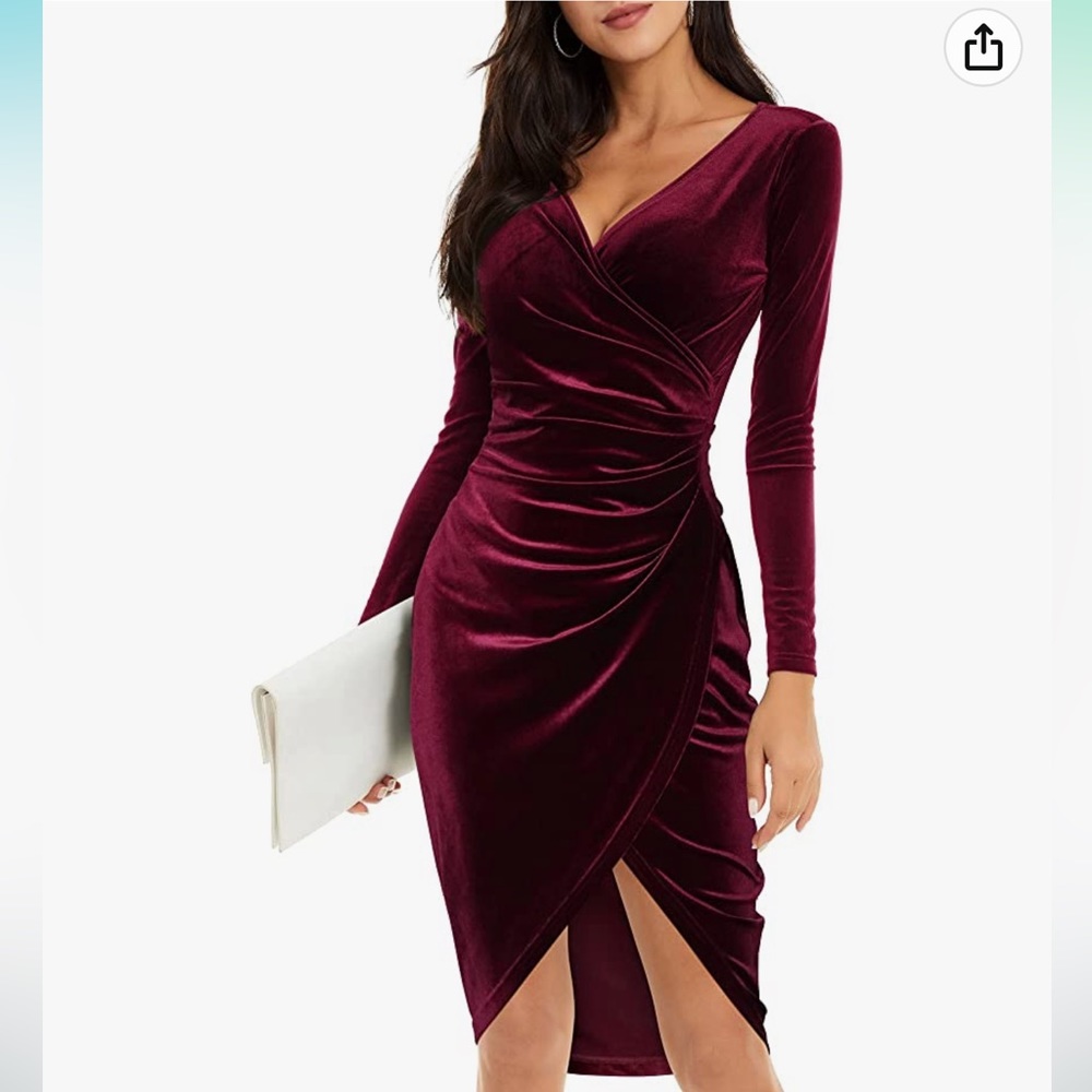 Womens Wrap V Neck Long Sleeve Velvet Bodycon Ruched Cocktail Party Midi Dress